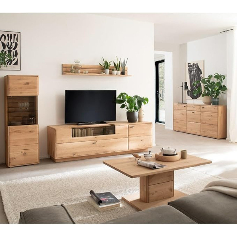 Wohnmöbel Set Living Wall Unit in Solid Oiled Oak 5 Pieces 1 Highboard, 1 Wall Board, 1 Lowboard, 1 Sideboard, 1 Coffee Table