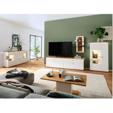 Living Room Furniture Set, White with Oak, 5 Pieces, Modern, 1 Lowboard, 1 Wall Shelf, 1 Highboard, 1 Coffee Table, 1 Sideboard, Lighting