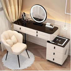 Schminktisch für Schlafzimmer, Luxustisch mit Arbeitsplatte aus gehärtetem Glas und rundem LED-Spiegel, moderner Schminktisch, erweiterbarer Seitenschrank, kabellose Ladestationen (Off-White, 40 Zoll