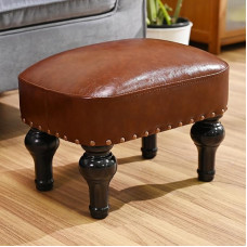 DSGAMER Leather Footrest, Rustic Footstool, Ottoman Seat, Wooden Footstool, Rectangle Footrest, Small Ottoman for Bedroom, Living Room, Office, Entrance Hall (Brown)