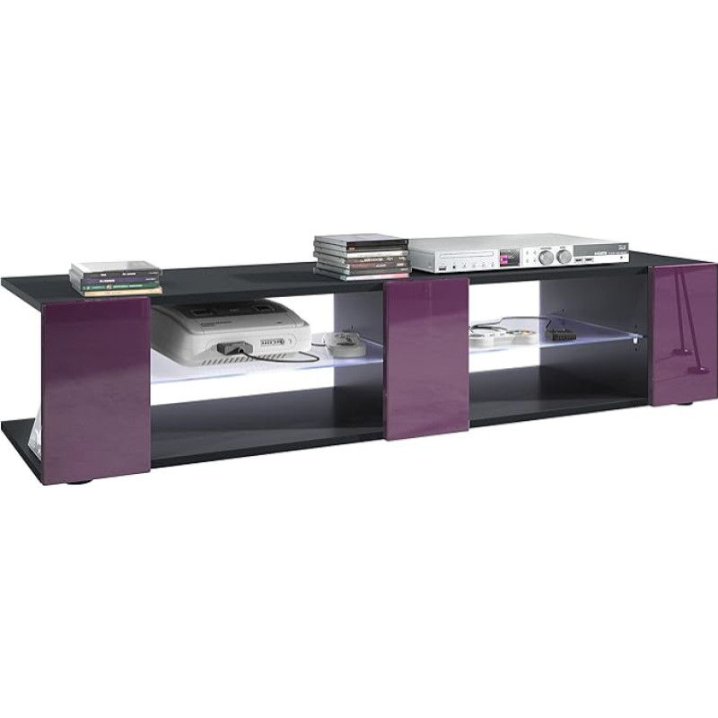 Vladon Lowboard Movie V2 TV Cabinet with 6 Open Compartments and Trims Matte Black / Blackberry High Gloss Includes LED Lighting White (134 x 29 x 39 cm)