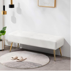 Furniliving Modern PU Leather Bench Padded Tufted Leather Bedroom Bench 44 Inch Ottoman Bench with X Shaped Metal Legs for Makeup Room Solid Bed Bench for Foyer Ivory White