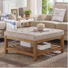 24KF Large Square Upholstered Tufted Linen Ottoman Coffee Table Large Footrest Ottoman with Solid Wood Shelf Linen