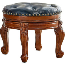 ZIRKOOON Solid Wood Footstool Round Ottoman Mid Century Footrest Sofa Stool Leather Cushion for Living Room Bedroom (Dark Blue)