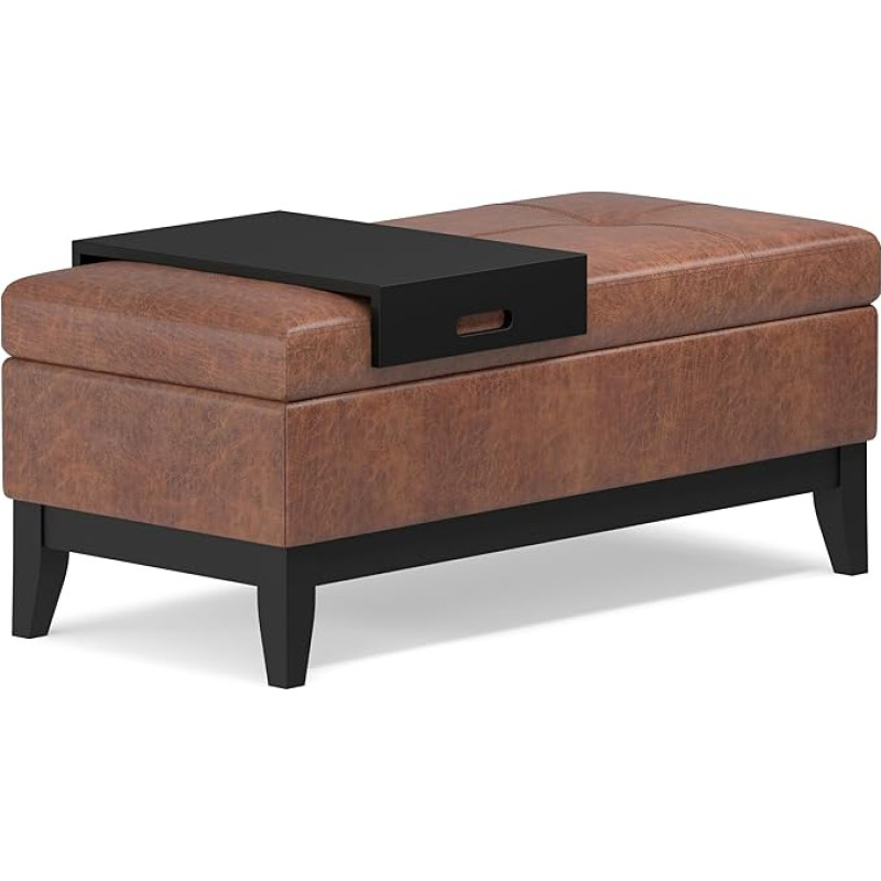 SIMPLIHOME Oregon Oregon Transition Ottoman Rectangular Storage Removable Tray Upholstered Saddle Distressed Brown Tufted Faux Leather Coffee Table for Living Room