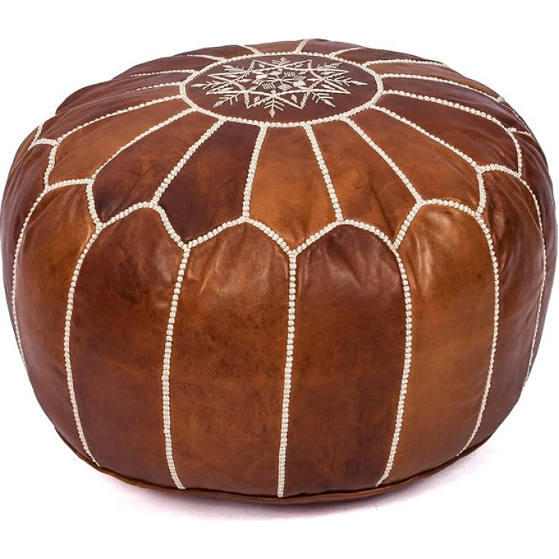 Handmade Moroccan Genuine Leather Pouf Ottoman Cover - Unfilled Footstool Ottoman, Boho Footrest Under Desk Round Ottoman for Living Room, Bedroom - Housewarming Gifts