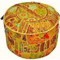 Sophia-Art Indian Embroidered Patchwork Cover Indian Decorative Pouf Indian Comfortable Floor Cotton Cushion Ottoman Pouf, Indian Designs Ethnic Patchwork Pouf (Yellow, 14 x 22 inches)