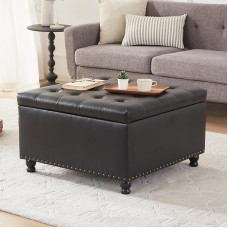 Tbfit Große quadratische Aufbewahrungs-Ottoman-Bank, getufteter gepolsterter Couchtisch, Ottomane mit Stauraum, übergroßer Stauraum, Ottomane, Spielzeugkiste, Fußstütze für Wohnzimmer, Schwarz