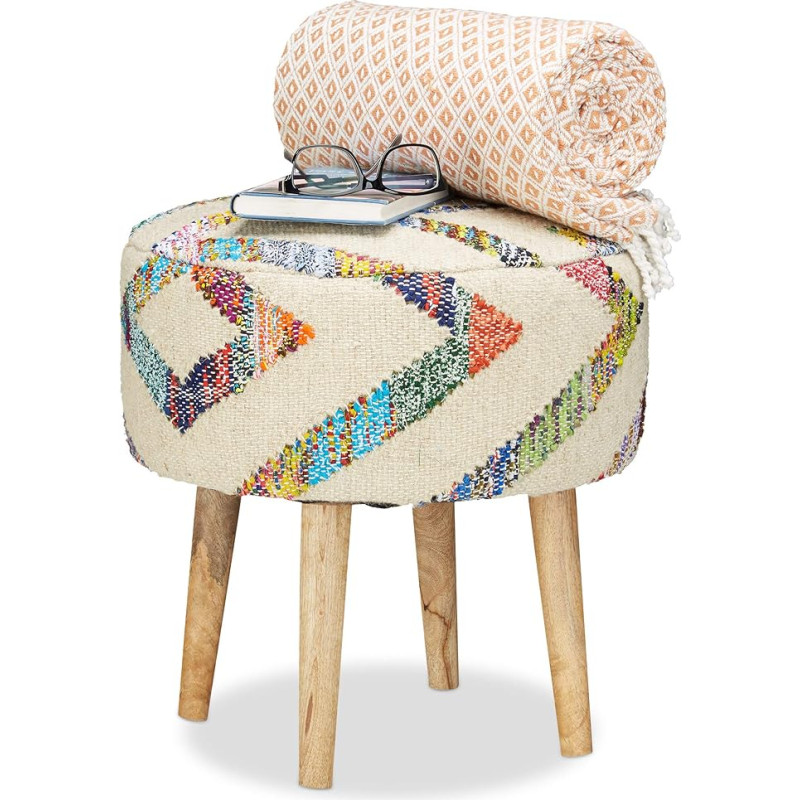 Relaxdays Vintage Retro Footstool Hand-Woven, Upholstered, Ottoman with Fabric Cover, Round Pouf, Solid Mango Wood Legs, HxDia 44.5x42 cm