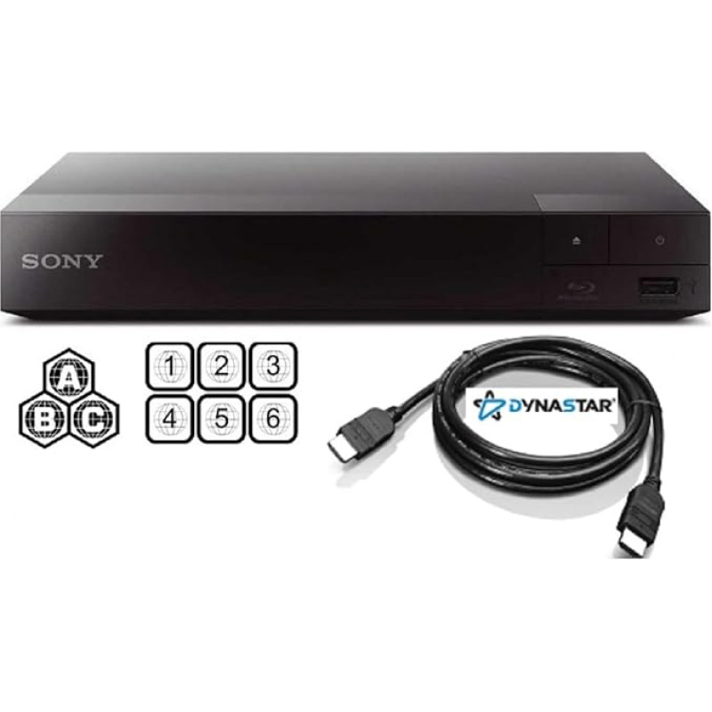 Piirkonnavaba Blu-Ray mängija, mis ühildub Sony BDP-S1700 Multi Region Code Free | Blu-Ray regioonid A, B, C | DVD regioonid 0-8 koos Dynastar 6FT HDMI Bundle'iga