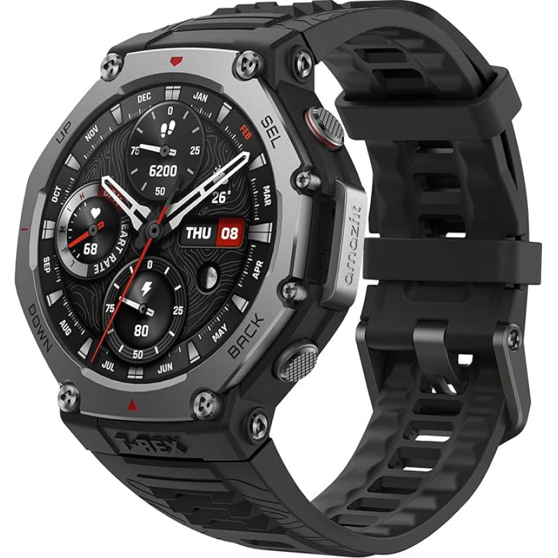 Amazfit T-Rex 3 Outdoor Smartwatch 48 mm AMOLED ekraan, Offline kaardid ja navigatsioon, 6 satelliitsüsteemi Dual Band GPS, 27 päeva aku kestvus, NFC, 170 Plus spordirežiim, 45 m vabasukeldumine seikluseks