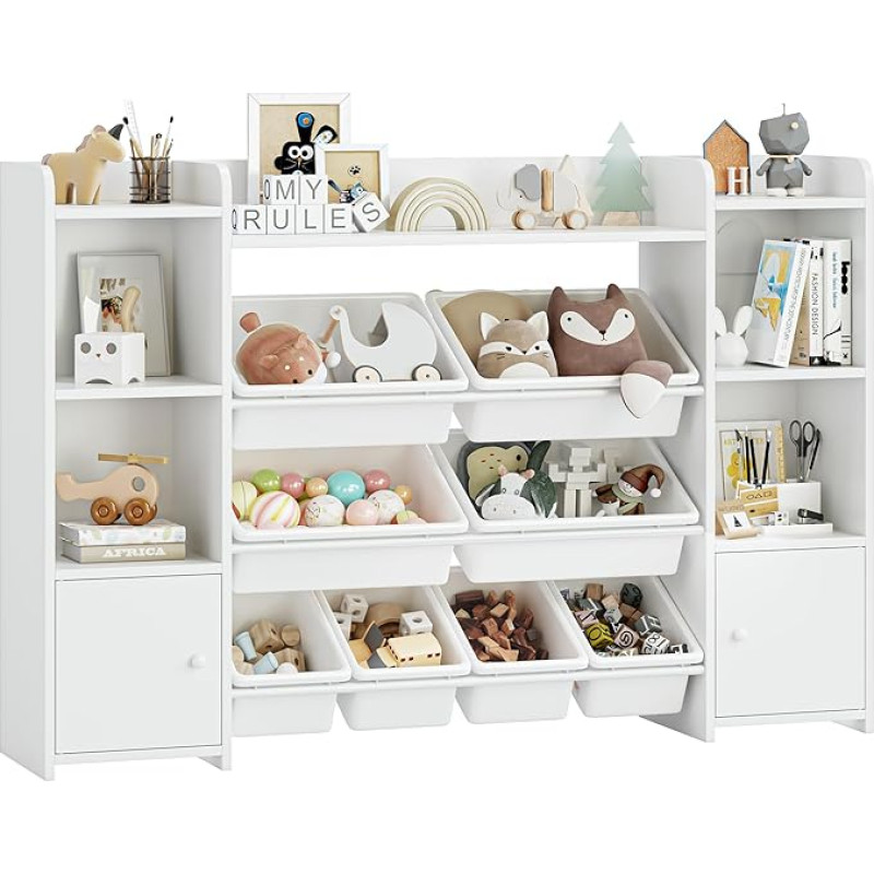 FOREHILL laste riiul 8 kastiga, puidust raamaturiiul lastele, hoiukast, lastetoa mööbel koos mänguasjade kastiga, 138,8 x 94,3 x 29,6 cm, valge