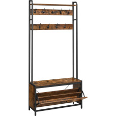 VASAGLE mantlihoidja koos kingakapiga, mantlihoidja koos pingiga, riietehoidja, kingakallur, 9 konksu, ülemine riiul, esikusse, magamistuppa, tööstusdisain, vintage pruun/must HSR405B01