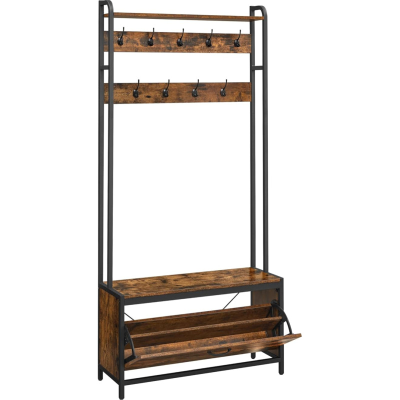 VASAGLE mantlihoidja koos kingakapiga, mantlihoidja koos pingiga, riietehoidja, kingakallur, 9 konksu, ülemine riiul, esikusse, magamistuppa, tööstusdisain, vintage pruun/must HSR405B01