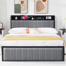 VECELO polsterdatud voodi 140 x 200 cm kaheinimesevoodi 2 pistikupesa ja 2 USB pesa, pehmendusega voodiraam koos pealae ja liistudega, palju panipaiku voodi all, magamistuppa, külalistetuppa, Hall