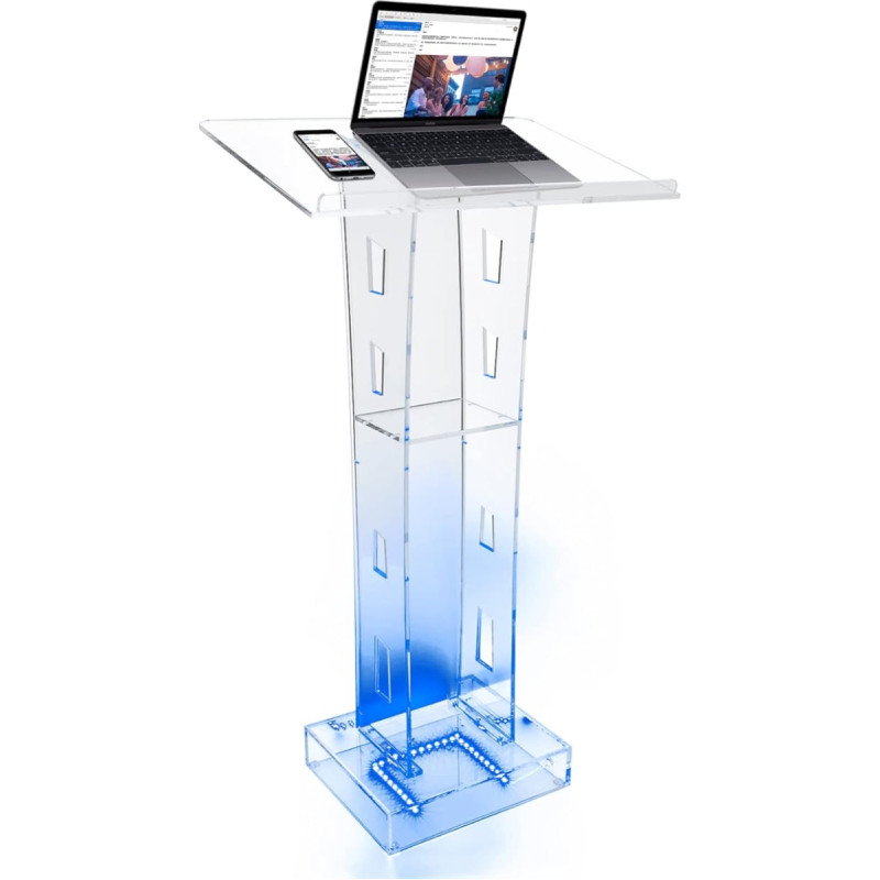 GMSLuu Selge akrüülpoodium kirikukantseleile 60 x 40 x 110 cm laia lugemispinnaga ja sinise LED-valgusega kirikukantseleile kooli pulmakontserdile kõne klassiruumis