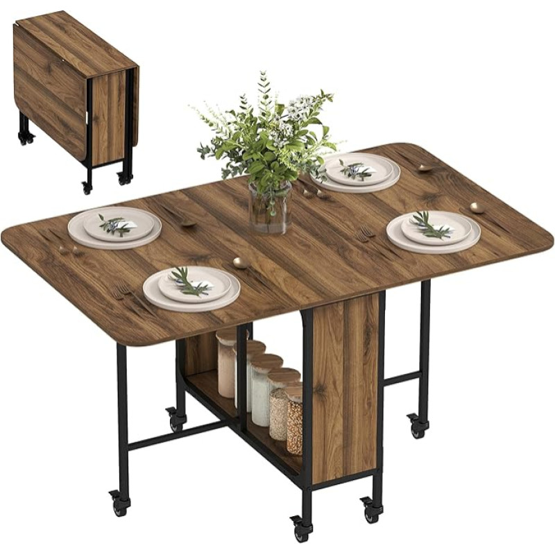 HOMCOM Folding Dining Table, Mobile Folding Table with Open Shelf, Dining Room Table, Kitchen Table for Small Spaces, Kitchen, Dining Room, 130 x 80 x 74 cm, Brown
