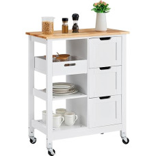 VEVOR Kitchen Island Trolley, 26 Inch Mobile Breakfast Bar with Wooden Top, Rolling Kitchen Table with 3 Drawers and Shelves, Portable Islands on Wheels, for Dining Room, Kitchen, Living Room,
