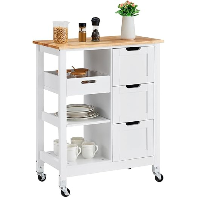 VEVOR Kitchen Island Trolley, 26 Inch Mobile Breakfast Bar with Wooden Top, Rolling Kitchen Table with 3 Drawers and Shelves, Portable Islands on Wheels, for Dining Room, Kitchen, Living Room,