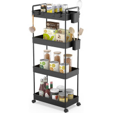 Ronlap Kitchen Trolley with 4 Tiers, Serving Trolley with Hanging Cup, Separator, Hook, Shelf on Wheels for Kitchen, Bedroom, Office, Black