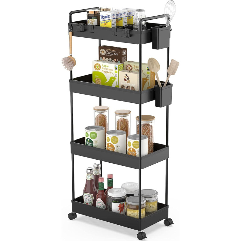 Ronlap Kitchen Trolley with 4 Tiers, Serving Trolley with Hanging Cup, Separator, Hook, Shelf on Wheels for Kitchen, Bedroom, Office, Black