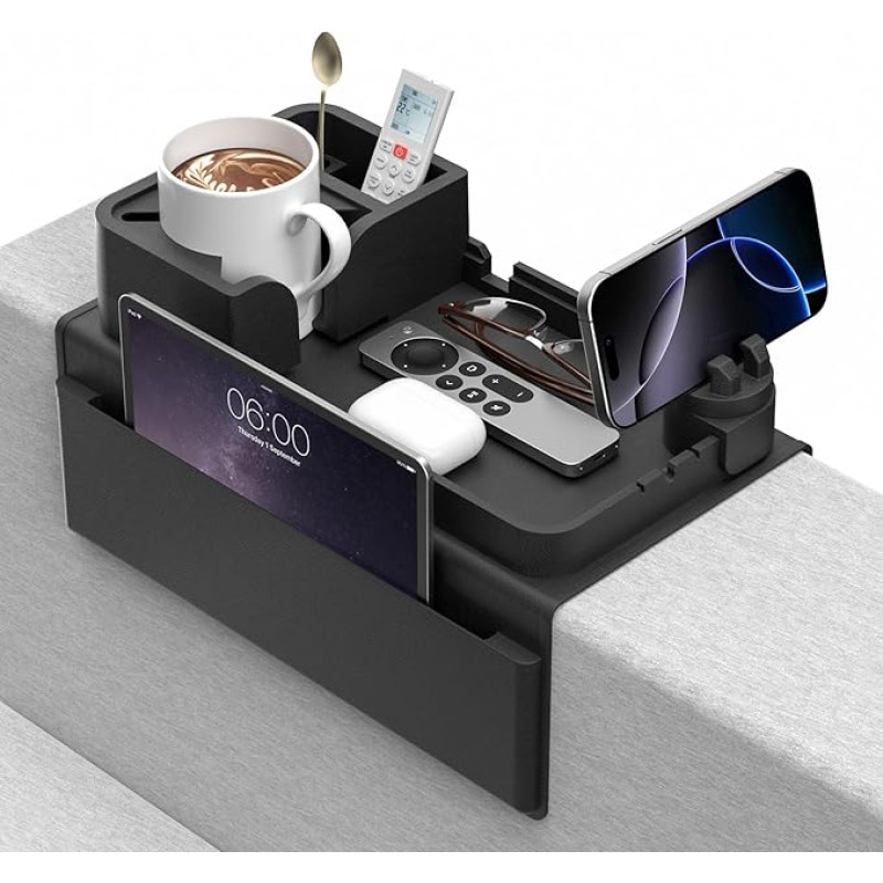CLESOO Sofa Tray Armrest with Drink Holder, Non-Slip Sofa Tray with Two Side Pockets and Phone Holder, Silicone Anti-Spill Couch Organiser for Cup, Phone, Tablet, Snack, Black