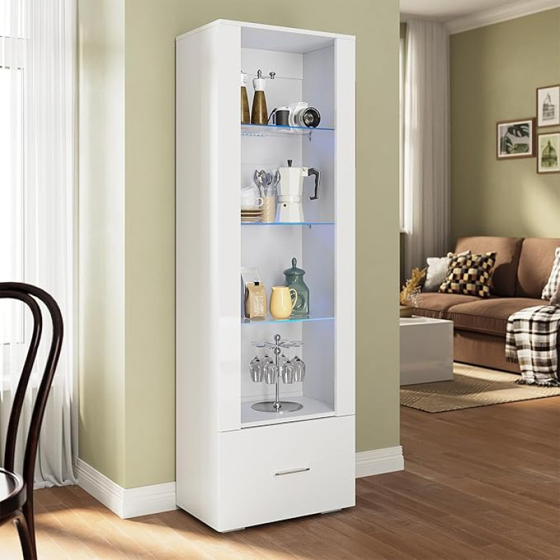 SUNXURY Glass Display Cabinet with Lighting 55 x 35 x 172 cm with Drawer and Open Glass Shelf Modern Glass Display Case Standing High Gloss White for Living Room