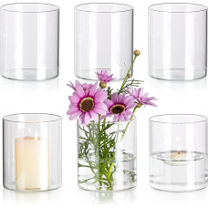 Glasseam Glass Cylinder Vase, Small Vases for Table Decoration, Clear Flower Vase, Modern Glass Vases, Pack of 6, 10 x 8.5 cm Flower Vases, Glass Cylinder Candle Holder, Table Vase for Living Room,