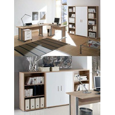 moebel-dich-auf Office Line Study with Angled Desk Complete Set with Highboard in Sonoma Oak / White