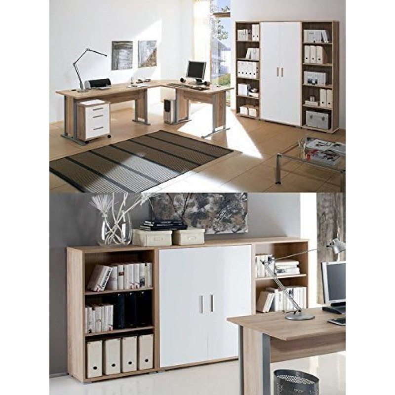 moebel-dich-auf Office Line Study with Angled Desk Complete Set with Highboard in Sonoma Oak / White