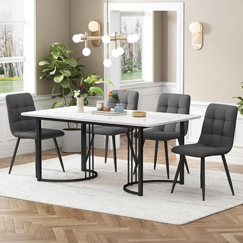 Gegtuon Dining Table with 4 Chairs for 4 People, 140 x 80 cm, 5-Piece Rectangular Table for Kitchen, Modern Kitchen Table with Black Table Legs, Dining Set for Dining Room, Living Room, Linen, Dark