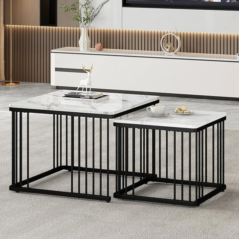 DUlVBPE Stilvolles 2-teiliges Couchtisch-Set, quadratische Tische in 60 * 60 * 45cm & 45 * 45 * 40cm, hochglänzende Marmoroptik, höhenverstellbare Füße, bis 30kg belastbar,Hochglanz-Kombi-Couchtisch