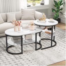 Marooma Set of 2 Coffee Tables Stackable Modern Faux Marble Center Table with 2 Levels Height Adjustable for Bedroom (Black)