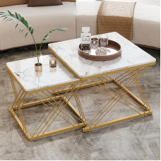 DUlVBPE Stilvolles 2-teiliges Couchtisch-Set, quadratische Tische in 60 * 60 * 45cm & 45 * 45 * 40cm, hochglänzende Marmoroptik, höhenverstellbare Füße, bis 30kg belastbar,Hochglanz-Kombi-Couchtisch