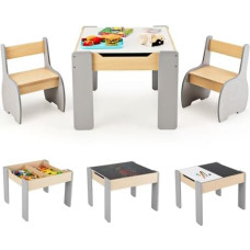 Children's Furniture Set with 2 Chairs, 3-Piece Wooden Children's Table with Reversible & Removable Table Top, Children's Painting Table with Storage Space, Children's Furniture Seating Set for