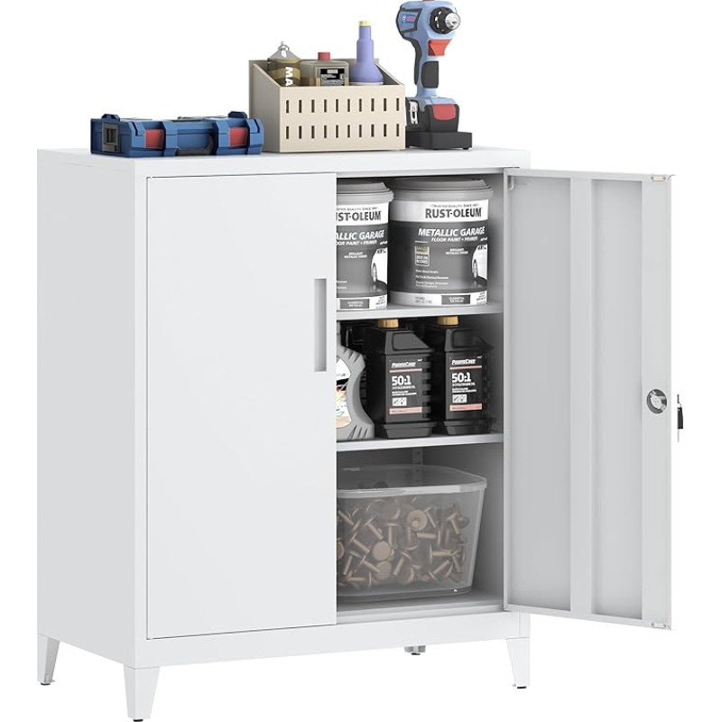 Filing Cabinet, Lockable Garage Cabinet, 2 Tier Office Cabinet, Workshop Cabinet with Adjustable Shelves, for Office, Garage and Utility Room, 40 x 80 x 100 cm, White