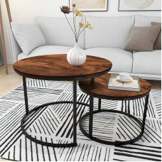 HOMERECOMMEND Round Modern Nesting Side Table for Living Room, Balcony, Garden, etc Round Wooden Coffee Table with Solid Powder Coated Metal Frame, Rustic Brown/Black