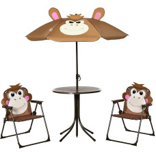 Outsunny Kinder-Picknick- und Tischstuhl-Set, zusammenklappbar, mit Affen-Design, abnehmbarer, verstellbarer Sonnenschirm, Alter 3–6 Jahre, Braun