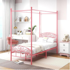 ARFARLY Canopy Bed Frame Double Bed Metal Bed Frame Slatted Frame Bedroom Furniture Double Bed Pink 90 x 200 cm