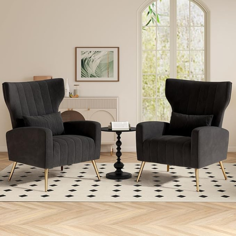 Aivermeil Set of 2 Sofas/Wing Chair/Recliner Chair/with Pillow and Gold Metal Feet, Single Sofa Made of Velvet up to 136 kg Bedroom/Living Room, Black