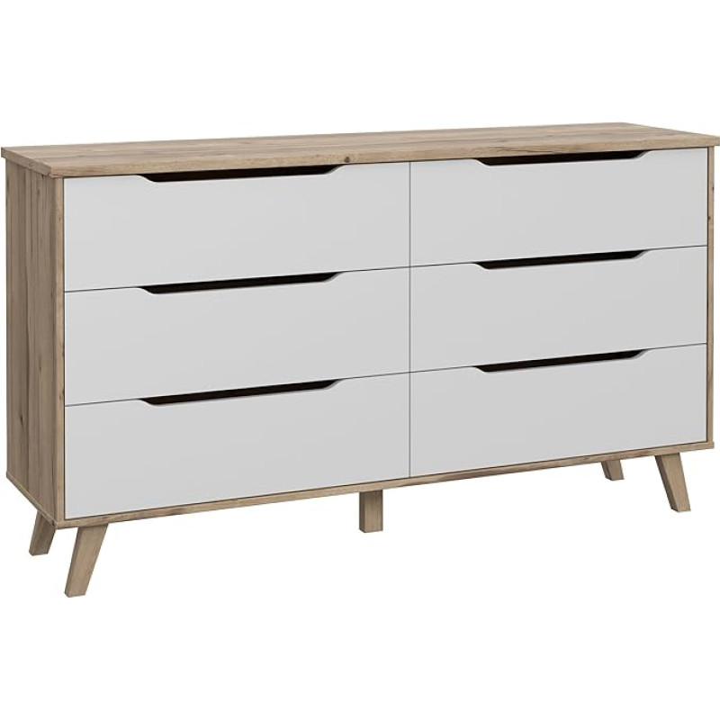 Forte VANKKA Chest of Drawers with 6 Drawers, Engineered Wood, Planked Oak/White, W x H x D: 154.7 x 86.3 x 42 cm