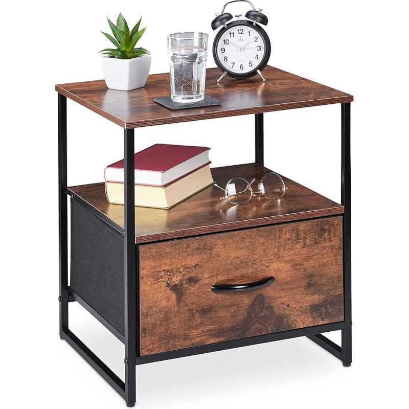 Relaxdays Industrial Bedside Table, 2 Shelves, Side Table with Drawer, Metal and MDF, H x W x D: 50 x 45 x 40 cm, Black/Brown