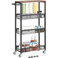 smusei Slim Trolley, 42 x 18.5 x 76 cm, 4 Levels Metal Kitchen Trolley with Wooden Table Top, Space-Saving Storage Trolley for Small Spaces in Kitchen, Dining Room, Bathroom, Living Room, Vintage