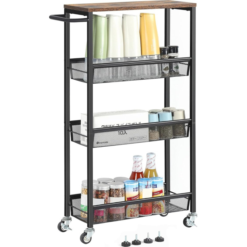 smusei Slim Trolley, 42 x 18.5 x 76 cm, 4 Levels Metal Kitchen Trolley with Wooden Table Top, Space-Saving Storage Trolley for Small Spaces in Kitchen, Dining Room, Bathroom, Living Room, Vintage