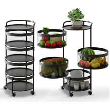 Huhote 4 Tier Round Kitchen Trolley, Fruit with Wheels, Kitchen Shelf, Vegetable Rack with Wheels, Fruit Trolley Trolley, Storage Trolley for Kitchen, Bathroom, Living Room, Children's Room (Black, 4