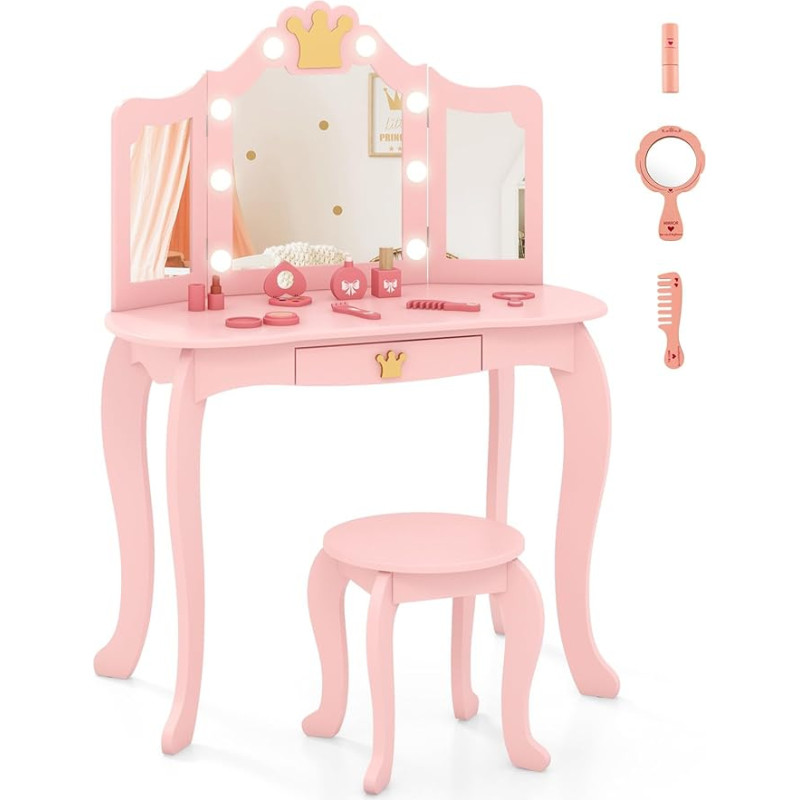 DREAMADE Children's Dressing Table with Stool and Drawer, Princess Dressing Table Cosmetic Table with Removable Mirror & Tilt Protection, Children's Dressing Table for Girls Made of Wood (Pink-with