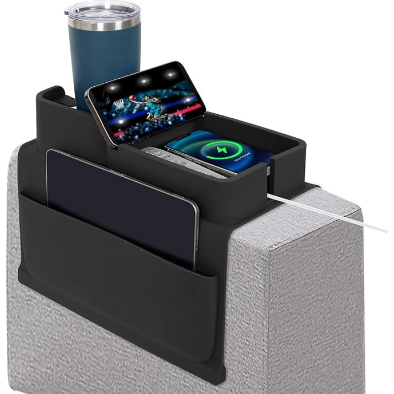 ROLIZOE Clip-On Sofa Tray Armrest with Drink Holder Non-Slip Couch Armrest Shelf with Two Side Pockets and Phone Holder Silicone Sofa Tray for Cup, Phone, Tablet, Snack, Black