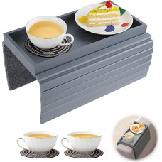 Sofa Tray Armrest, Bamboo Couch Tray Couch Armrest Table with Cup Mats, Foldable Non-Slip Sofa Tray Sofa Armrest Rest Shelf for Snacks, Remote Control, Cups (Grey)