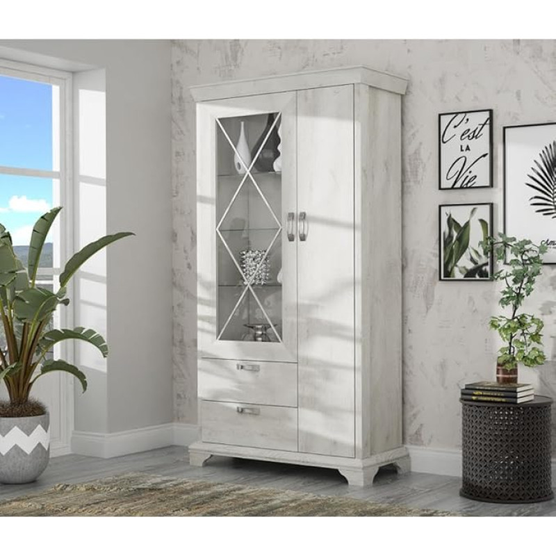 Forte Kashmir Display Cabinet Left with 1 Door, 1 Glass Door and 2 Drawers, Wood Composite, Pine White, W x H x D: 113 x 210.3 x 48.3 cm