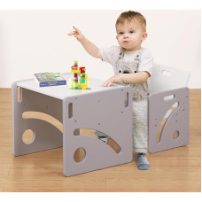 FUNLIO Montessori Baby Food Table and Chair Set for Toddlers 1-3 Years, Height Adjustable, Children's Table and Chair for Reading/Eating/Playing, Easy to Assemble, Grey